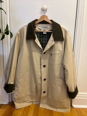 L.L. Bean Beige Canvas Field Jacket with Dark Green Corduroy Collar